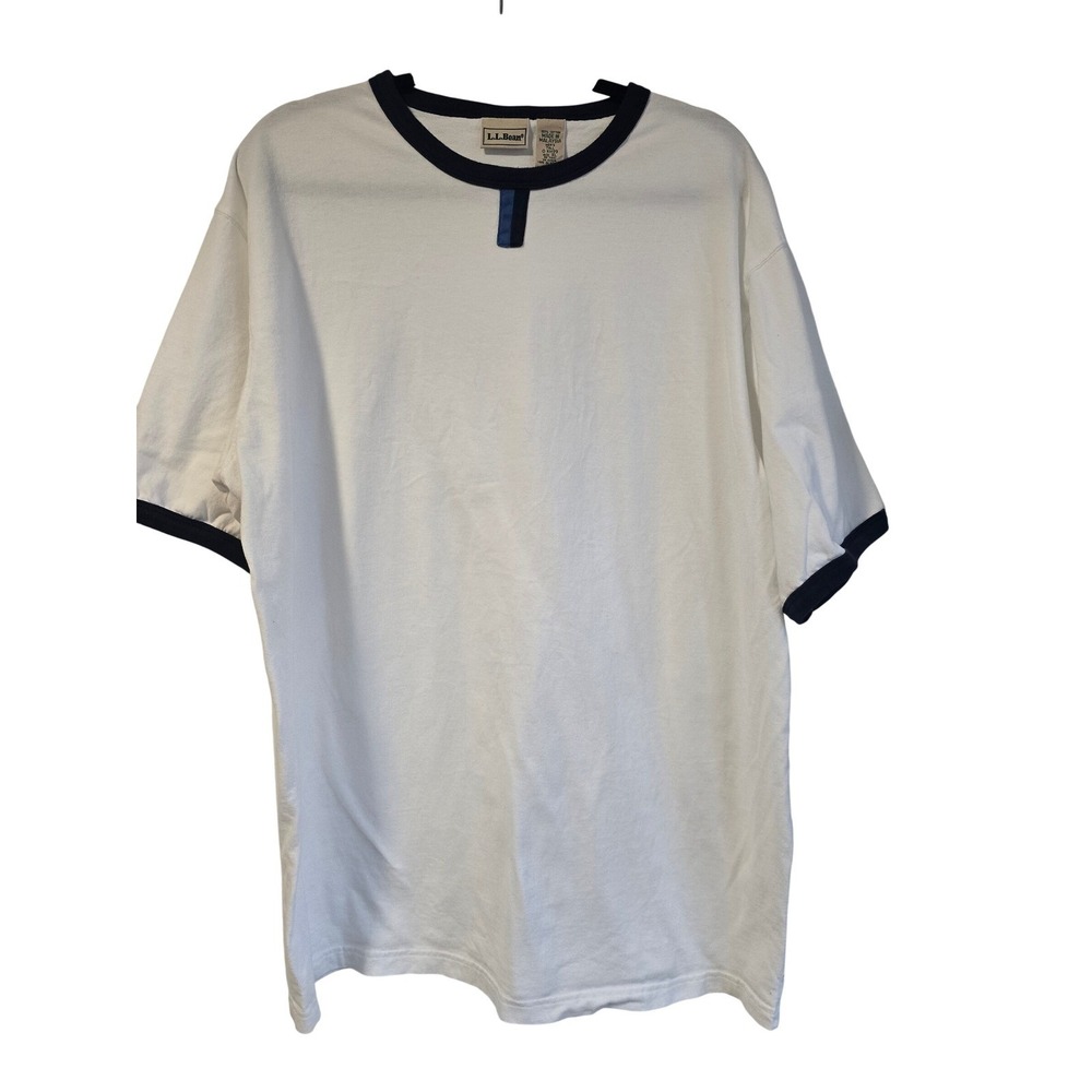 LL‎ Bean Mens XL Tall Ringer T-Shirt White Navy Blue Cotton Crew Neck Vintage